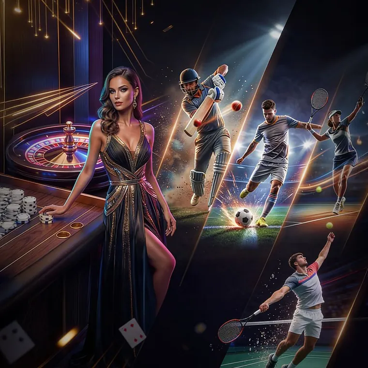 A vibrant collage of popular 888bet casino games, including slot machines, roulette, poker tables, and a live dealer, all glowing with golden light.
